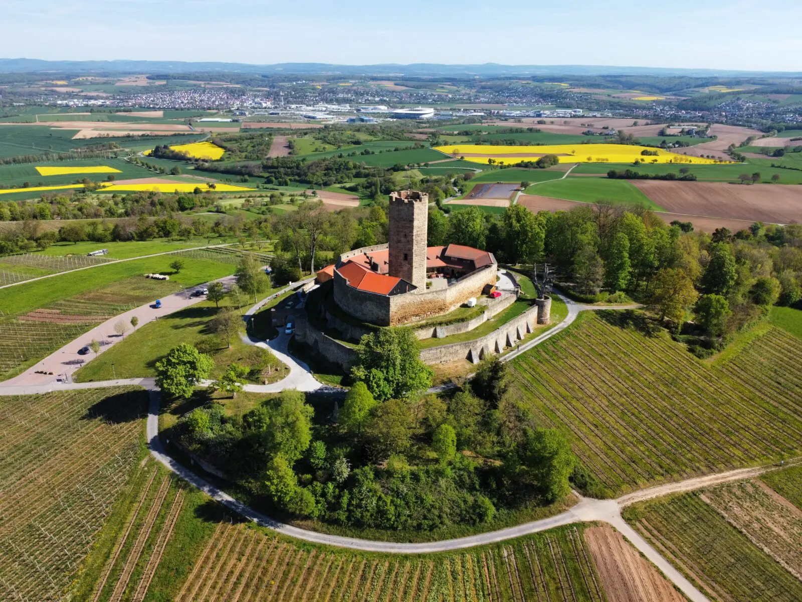 Drohnenaufnahme der Burg Steinsberg mit umliegenden Feldern im Sommer.